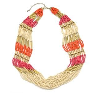 WOMEN HIGH QUALITY GOLD ORANGE FUCHSIA & CREAM STATEMENT NECKLACE